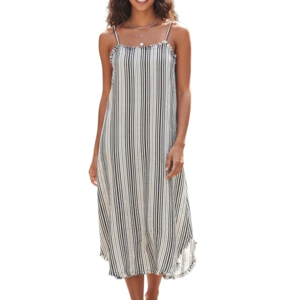 HAZEL ANTHROPOLOGIE Shift Midi Strappy Linen Dress BLACK/WHITE STRIPES Frayed S